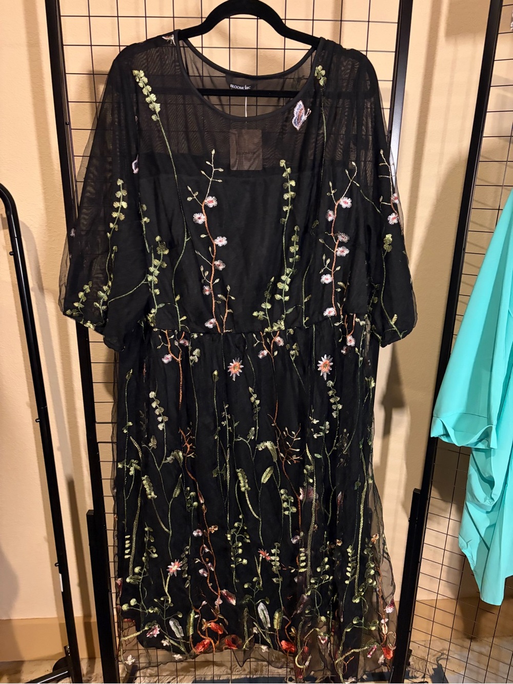 Black Sheer Embroidered Floral Midi Dress